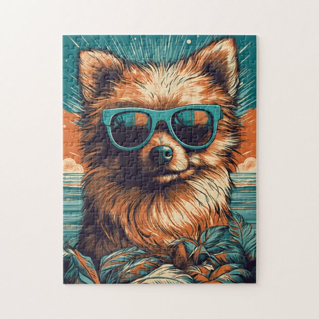 Puzzle Poméranien avec lunettes de soleil à la plage (Vertical)