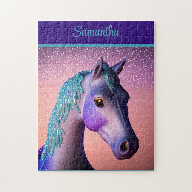 Puzzle Pony magique en violet et Turquoise avec nom perso (Vertical)