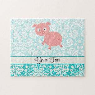 Puzzle Porc rose mignon ; Damassé turquoise