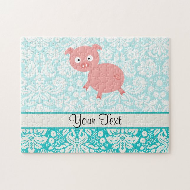 Puzzle Porc rose mignon ; Damassé turquoise (Horizontal)