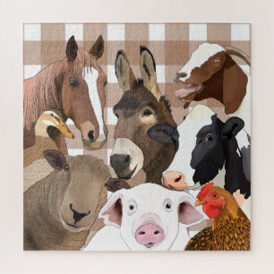 Puzzle Portrait animal de ferme En vichy chèque - Brown