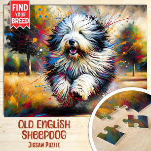Puzzle Portrait de chien Old English Sheepdog en art acry