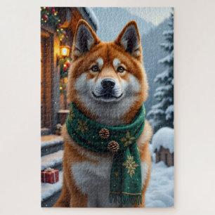 Puzzle Portrait de Noël de l'American Akita au Mountain L