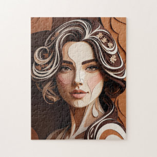 Puzzle Portrait élégant en papier découpé aux tons terreu