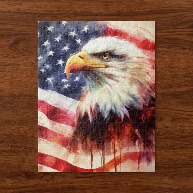 Puzzle Portrait majestueux de l'aigle américain avec le d (Majestic Bald Eagle Portrait with American Flag. Jigsaw Puzzle)