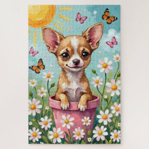 Puzzle Pot de fleurs de printemps Chihuahua Chien mignon