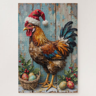 Puzzle Poule Gardant les Oeufs de Noël Chapeau Rustique