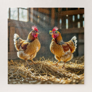 Puzzle Poules drôles dans une grange ensoleillée