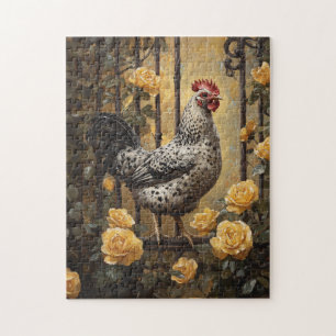 Puzzle Poulet tacheté aux roses jaunes, peinture à l'huil