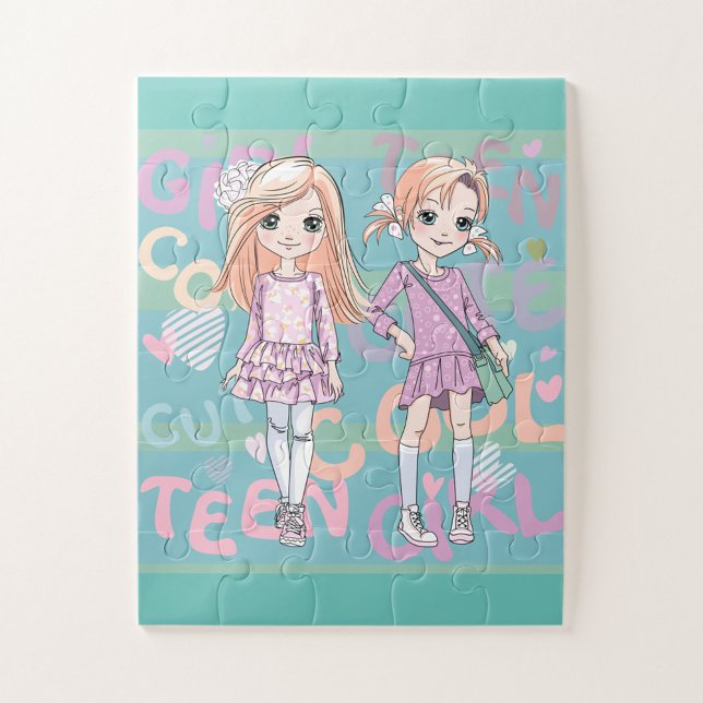 Puzzle pour adolescents (Illustration of a jigsaw puzzle featuring two Caucasian girls, standing side by side.)