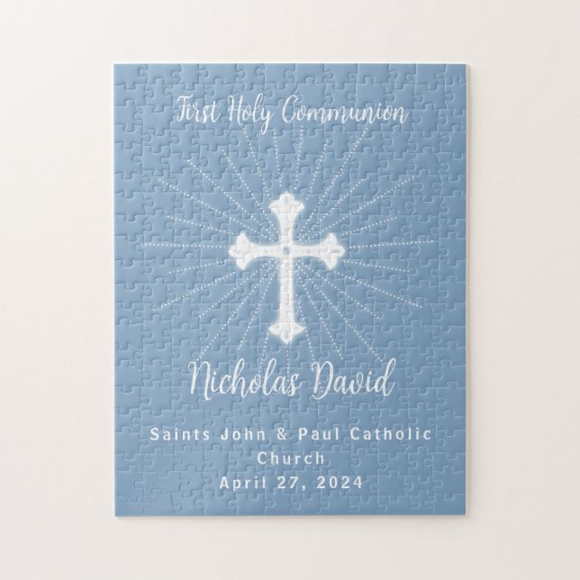 Puzzle Première communion en bleu foncé avec croix (Vertical)