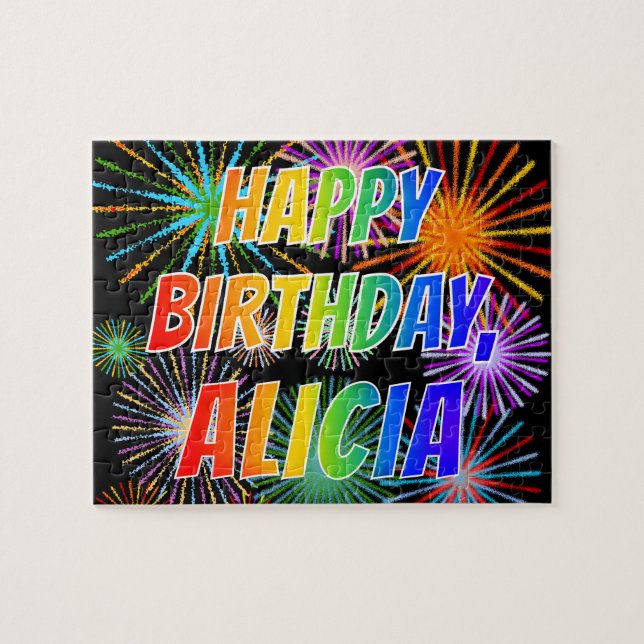 Puzzle Prénom "ALICIA", Amusant "HEUREUX ANNIVERSAIRE" (Horizontal)