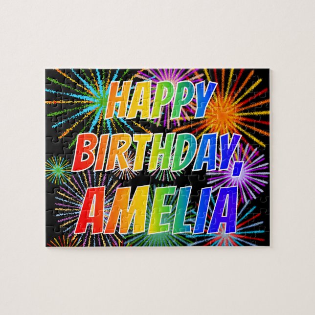 Puzzle Prénom "AMELIA", Amusant "HEUREUX ANNIVERSAIRE" (Horizontal)