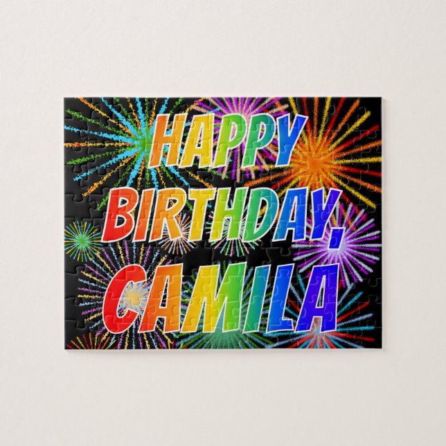 Puzzle Prénom "CAMILA", Amusant "HEUREUX ANNIVERSAIRE" (Horizontal)