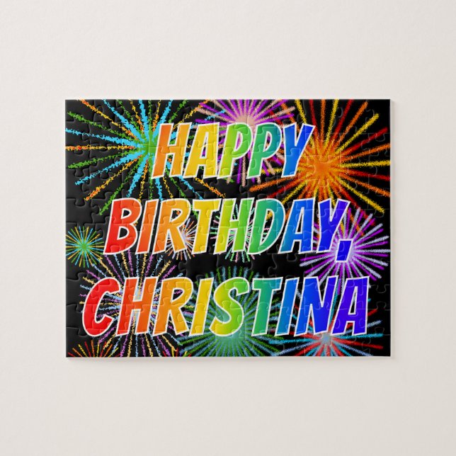 Puzzle Prénom "CHRISTINA", amusant "HEUREUX ANNIVERSAIRE" (Horizontal)