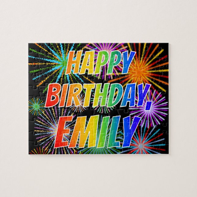 Puzzle Prénom "EMILY", Amusant "HEUREUX ANNIVERSAIRE" (Horizontal)
