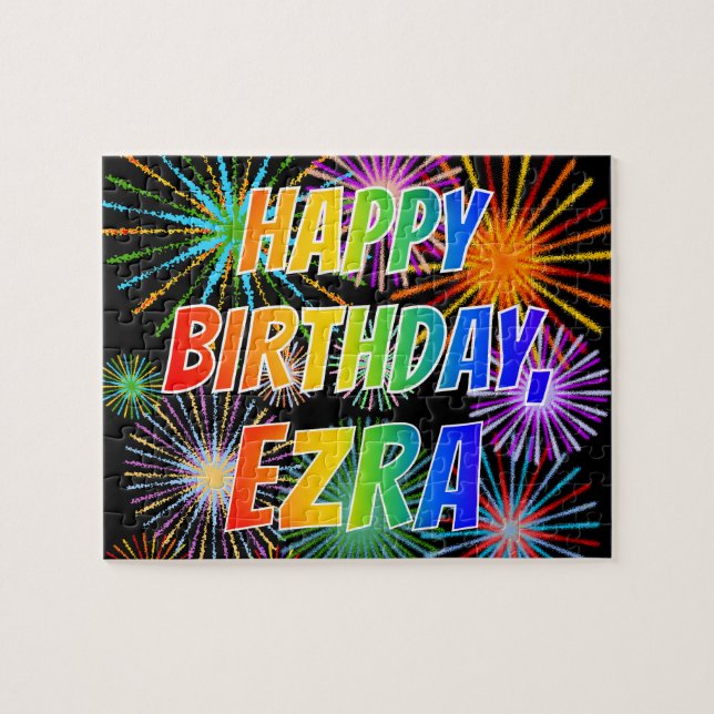Puzzle Prénom "EZRA", Amusant "HEUREUX ANNIVERSAIRE" (Horizontal)