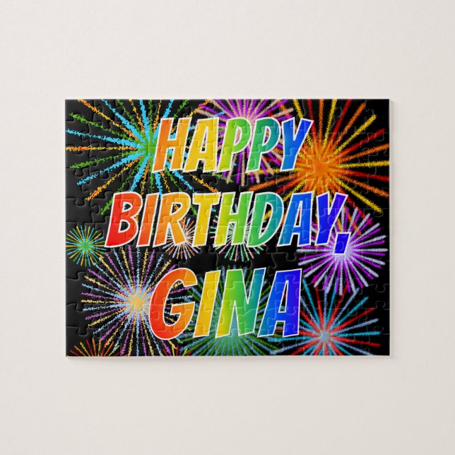 Puzzle Prénom "GINA", Amusant "HEUREUX ANNIVERSAIRE" (Horizontal)