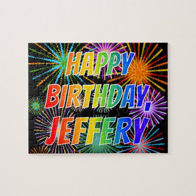 Puzzle Prénom "JEFFERY", Amusant "HEUREUX ANNIVERSAIRE" (Horizontal)