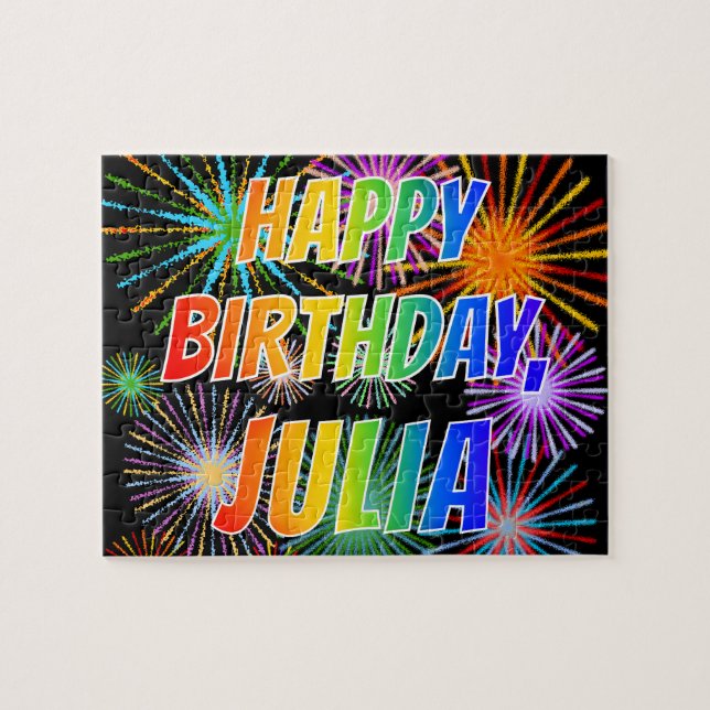 Puzzle Prénom "JULIA", amusant "HEUREUX ANNIVERSAIRE" (Horizontal)