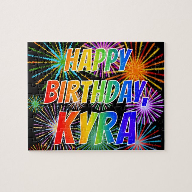 Puzzle Prénom "KYRA", Amusant "HEUREUX ANNIVERSAIRE" (Horizontal)