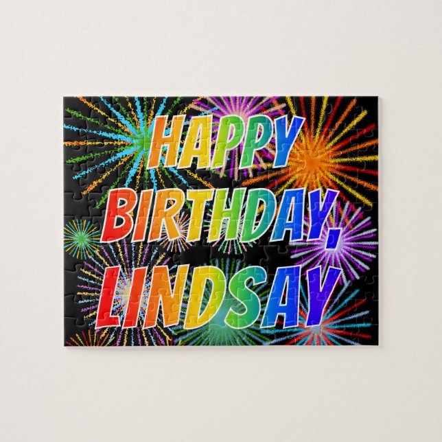 Puzzle Prénom "LINDSAY", amusant "HEUREUX ANNIVERSAIRE" (Horizontal)