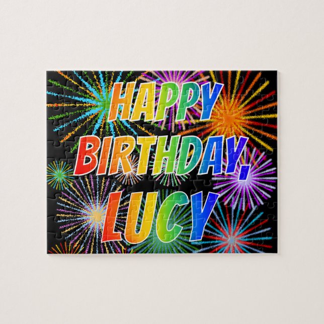 Puzzle Prénom "LUCY", Amusant "HEUREUX ANNIVERSAIRE" (Horizontal)