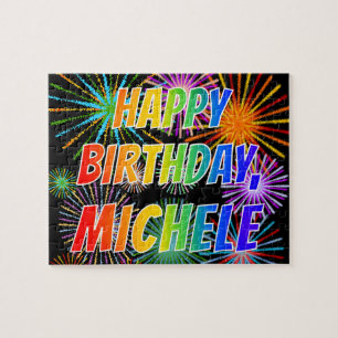 Puzzle Prénom "MICHELE", Fun "HEUREUX ANNIVERSAIRE"