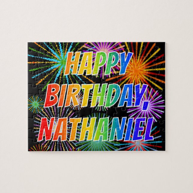 Puzzle Prénom "NATHANIEL", Amusant "HEUREUX ANNIVERSAIRE" (Horizontal)