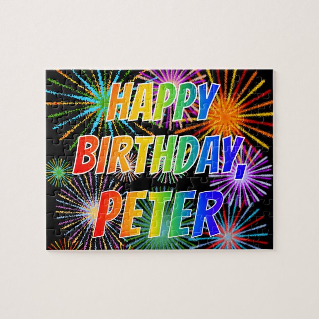 Puzzle Prénom "PETER", Amusant "HEUREUX ANNIVERSAIRE" (Horizontal)