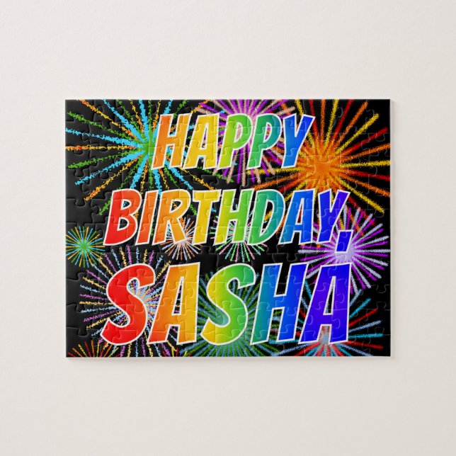 Puzzle Prénom "SASHA", Amusant "HEUREUX ANNIVERSAIRE" (Horizontal)