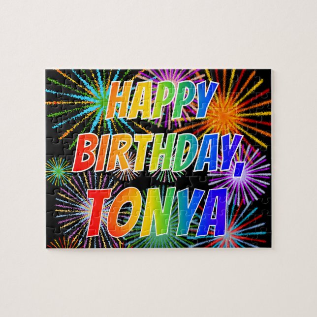 Puzzle Prénom "TONYA", Amusant "HEUREUX ANNIVERSAIRE" (Horizontal)