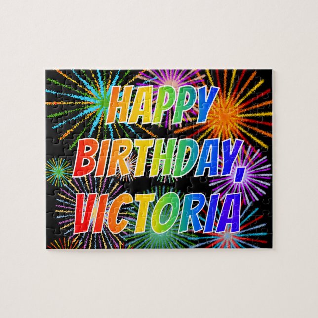 Puzzle Prénom "VICTORIA", Amusant "HEUREUX ANNIVERSAIRE" (Horizontal)