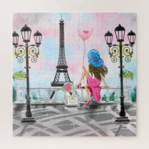 Puzzle Pretty Lady with Pink Heart Balloon - I Love Paris