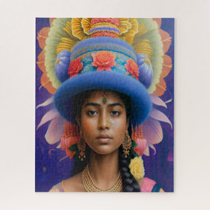 Puzzle princesse asiatique avec grand casquette bleu