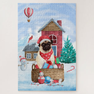 Puzzle Pug Chien Dans Maison De Noël enneigée 