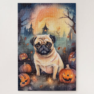 Puzzle Pug d'Halloween avec citrouilles effrayantes