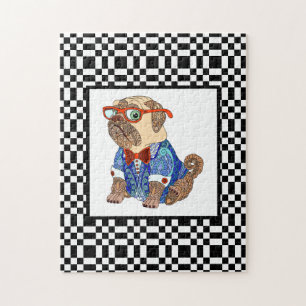 Puzzle Pug hipster sur un damier noir et blanc difficile