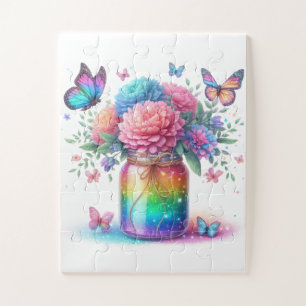 Puzzle Puzzle-Papillon et Fleur Pailletés Arc-en-Ciel