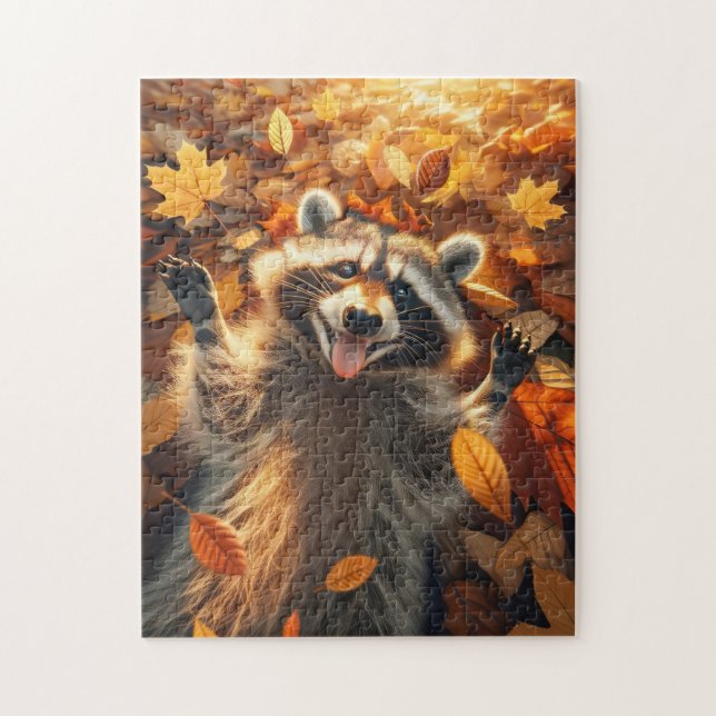 Puzzle Raccoon Jouer dans les feuilles d'automne (Vertical)