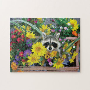 Puzzle Raccoon se cachant dans les fleurs