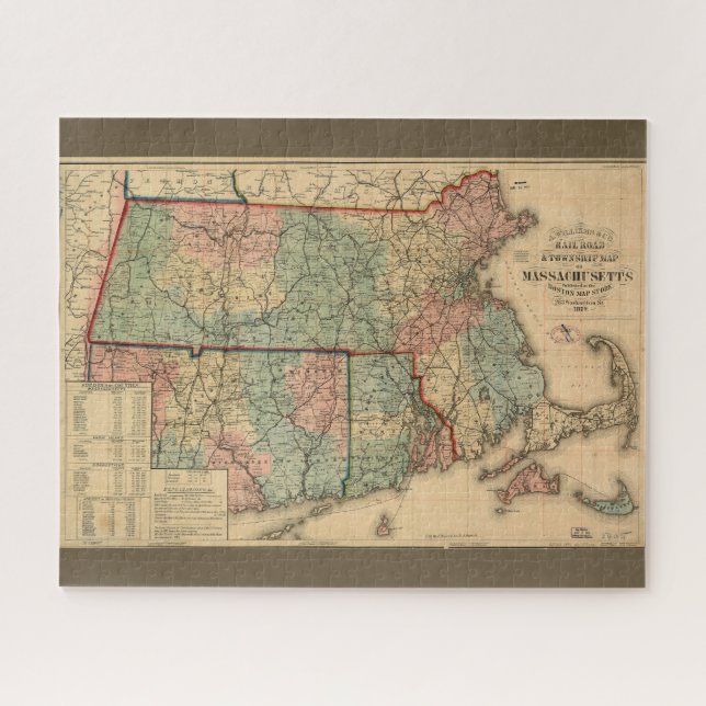 Puzzle Rail Road & Township Map of Massachusetts, 1879 (Horizontal)