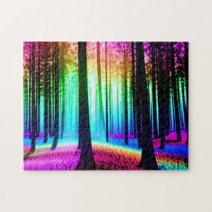 Puzzle Rainbow Enchanted Forest & Black Tree Silhouette