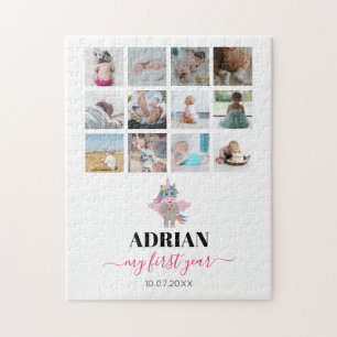 Puzzle Rainbow Unicorn Baby Girl First Year Photo Collage