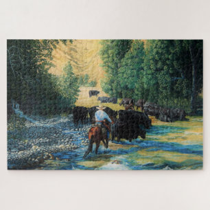 Puzzle Ranch bétail conduire Angus et cheval à la rivière