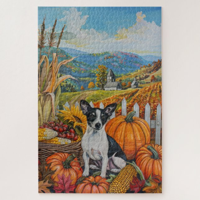 Puzzle Rat Terrier Chien Moisson Automne Thankgiving (Vertical)