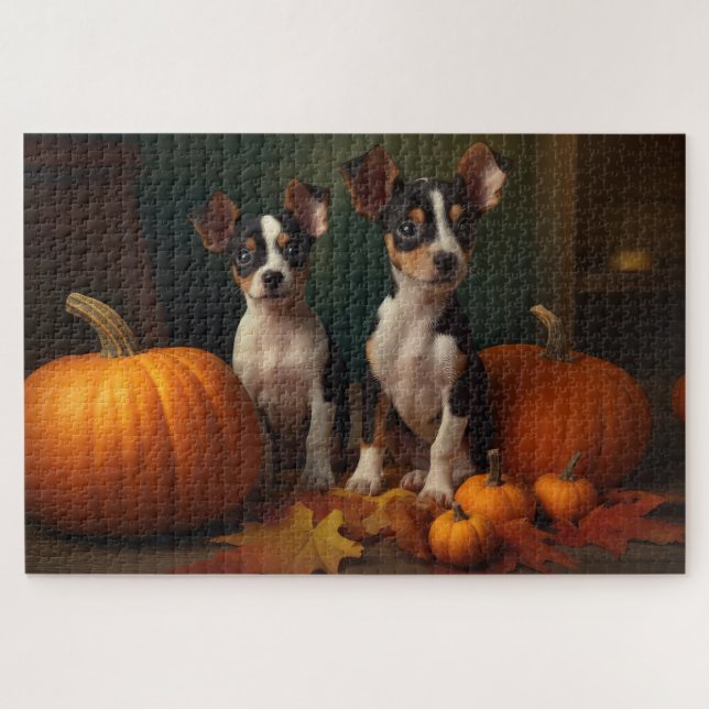 Puzzle Rat Terrier Chiot Automne Citrouille délice (Horizontal)