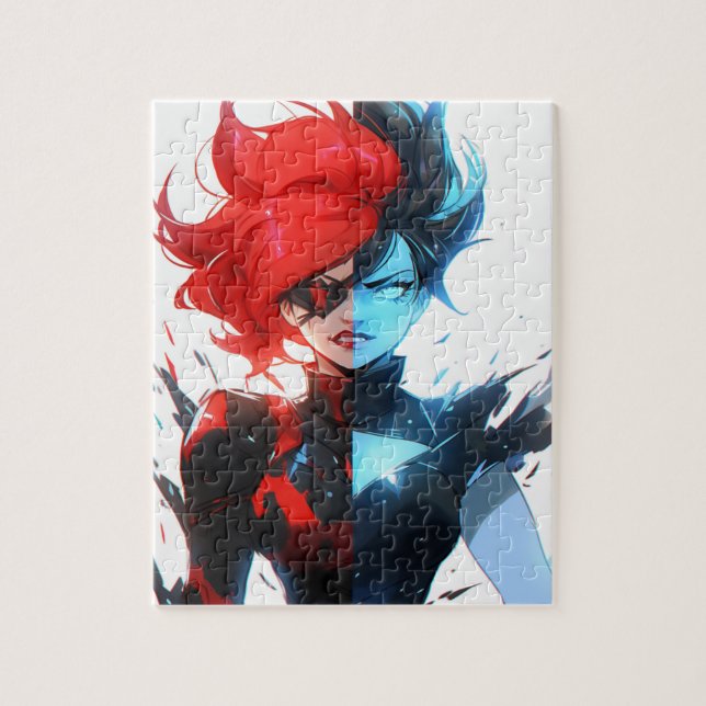 Puzzle Red Blue Fire Ice Comic Style Anime Girl (Vertical)