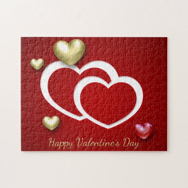 Puzzle Red Gold Valentine's Day Coeurs romantiques (Horizontal)