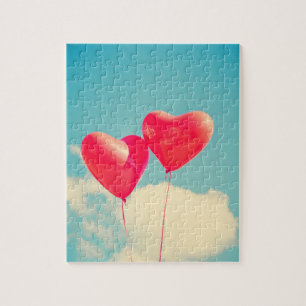 Puzzle Red Heart Balloons Against Cloudy Sky
